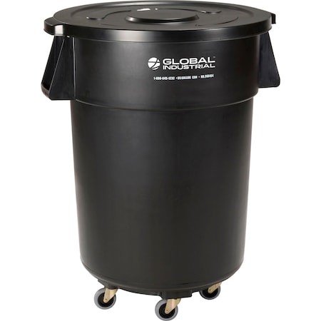 Global Industrial Plastic Trash Can with Lid & Dolly, 55 Gallon Black 240464BKB